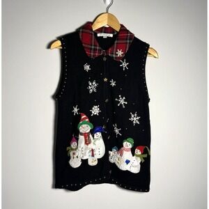 Mercer Street Studio Christmas Sweater Vest M Snowmen Embellished Black FLAWS